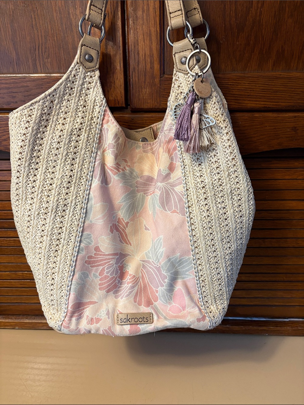 Sakroots Beige Crochet Shoulder Bag with Pastel Floral Panel